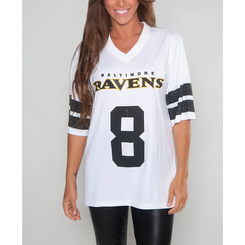 Tunique à col en V ornée de cristaux Cuce Lamar Jackson White Baltimore Ravens pour femme