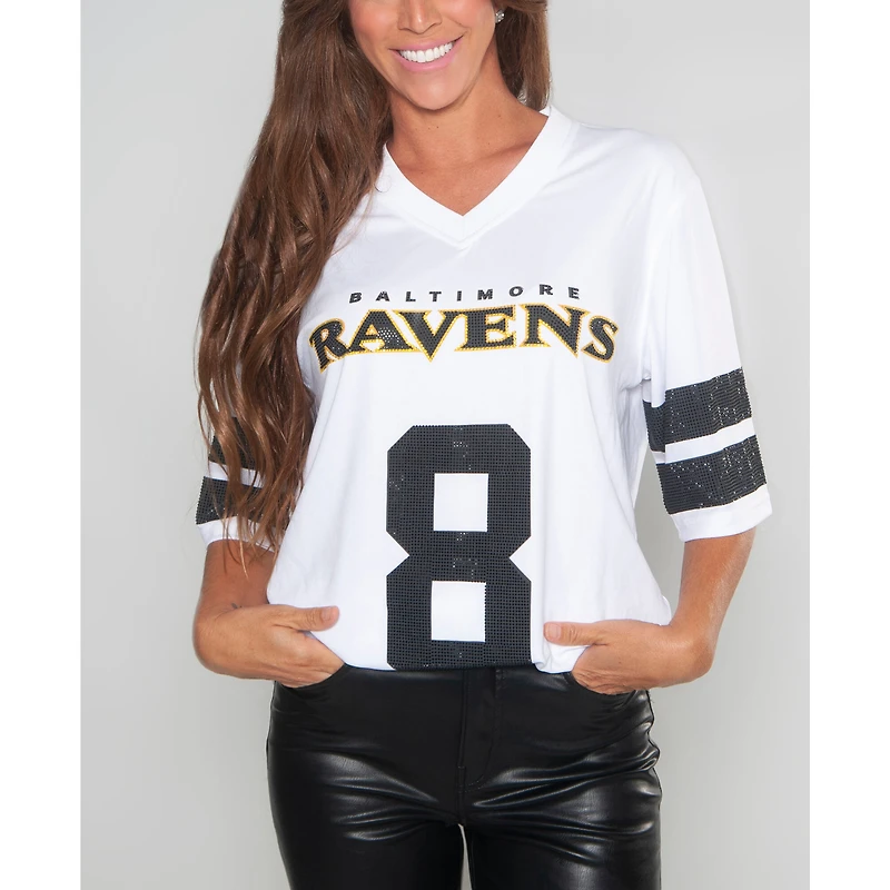 Women's Cuce Lamar Jackson White Baltimore Ravens Crystal V-Neck Tunic