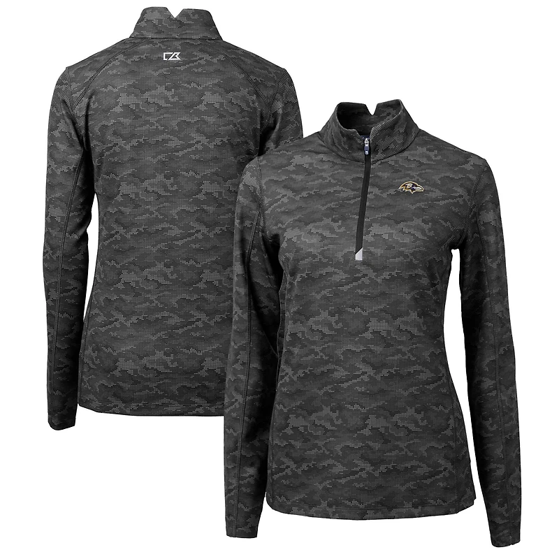 Women's Cutter & Buck Black Baltimore Ravens Traverse Camo Print Stretch Quarter-Zip Pullover Top