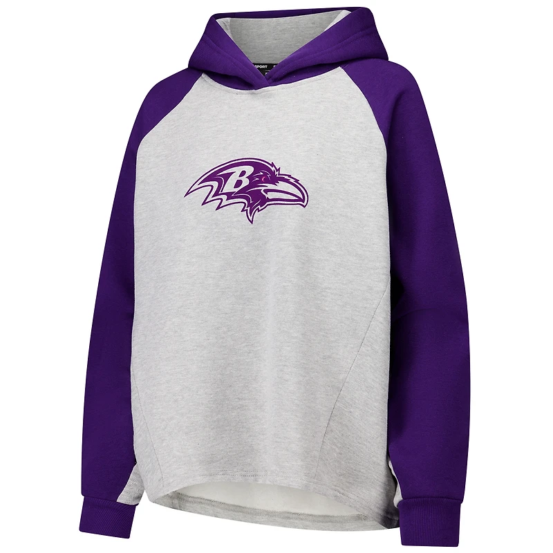 Women's DKNY Sport Gray/Purple Baltimore Ravens Joy Cropped Raglan Pullover Hoodie