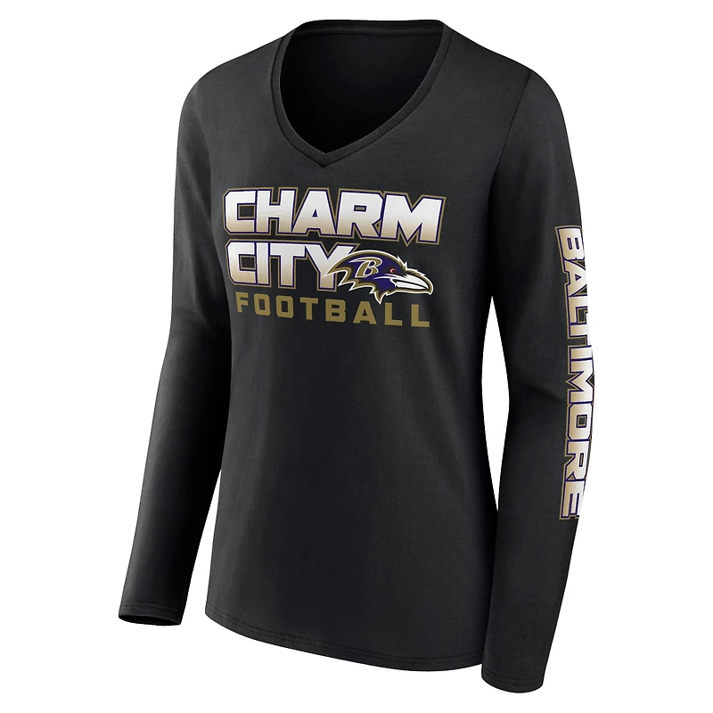 T-shirt à manches longues et col en V pour femme Fanatics Black Baltimore Ravens Hometown Sweep