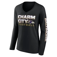 T-shirt à manches longues et col en V pour femme Fanatics Black Baltimore Ravens Hometown Sweep