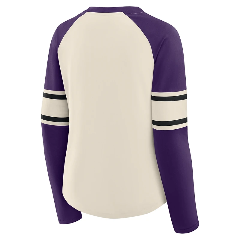 T-shirt à manches longues et col en V lacets pour femme Fanatics crème/violet Baltimore Ravens Hometown Gridiron Hero