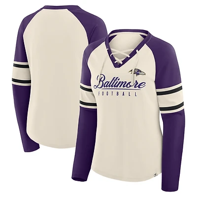 T-shirt à manches longues et col en V lacets pour femme Fanatics crème/violet Baltimore Ravens Hometown Gridiron Hero