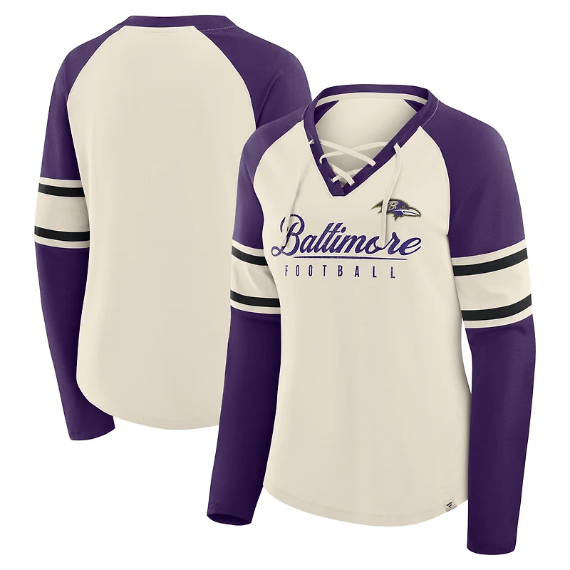 T-shirt à manches longues et col en V lacets pour femme Fanatics crème/violet Baltimore Ravens Hometown Gridiron Hero