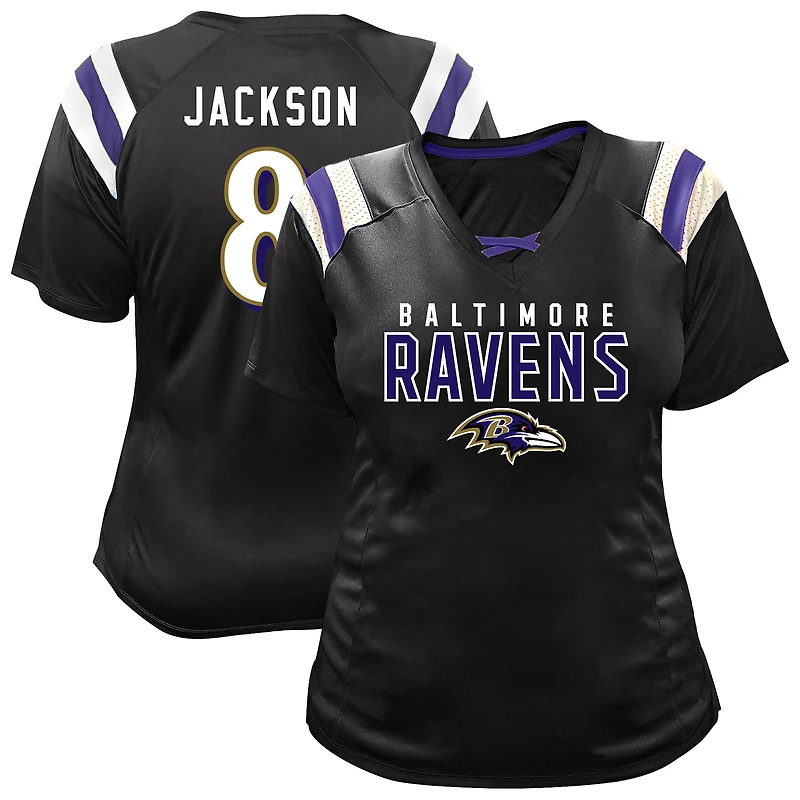 Women's Fanatics Lamar Jackson Black Baltimore Ravens Plus Name & Number Raglan Lace V-Neck T-Shirt