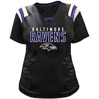 T-shirt col V en dentelle raglan avec nom et numéro pour femme Fanatics Lamar Jackson Black Baltimore Ravens, grande taille