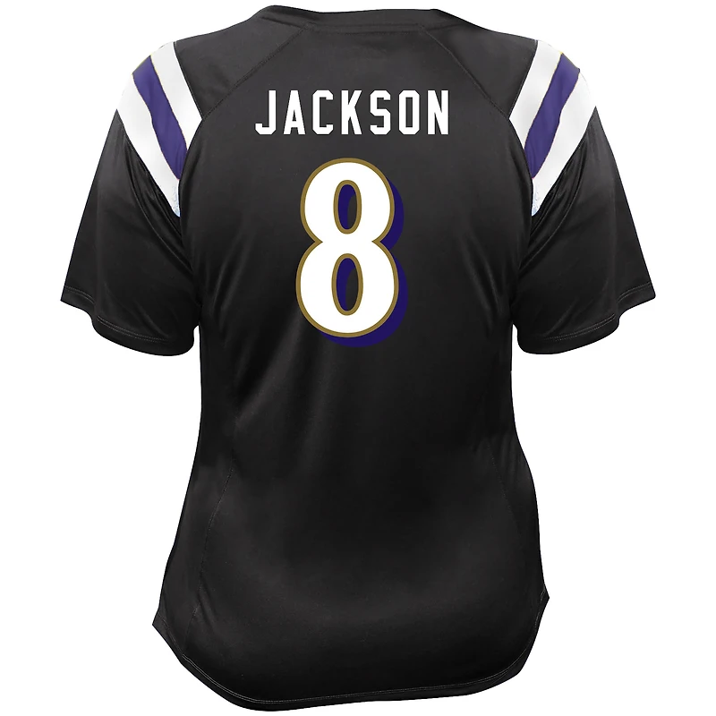 T-shirt col V en dentelle raglan avec nom et numéro pour femme Fanatics Lamar Jackson Black Baltimore Ravens, grande taille