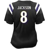 T-shirt col V en dentelle raglan avec nom et numéro pour femme Fanatics Lamar Jackson Black Baltimore Ravens, grande taille
