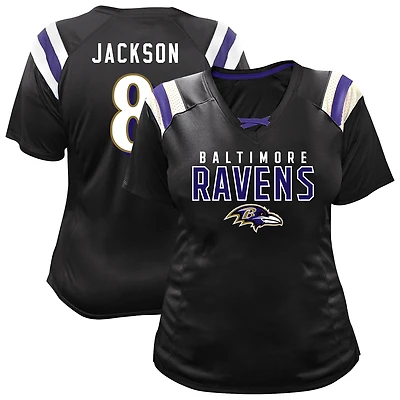 Women's Fanatics Lamar Jackson Black Baltimore Ravens Plus Name & Number Raglan Lace V-Neck T-Shirt