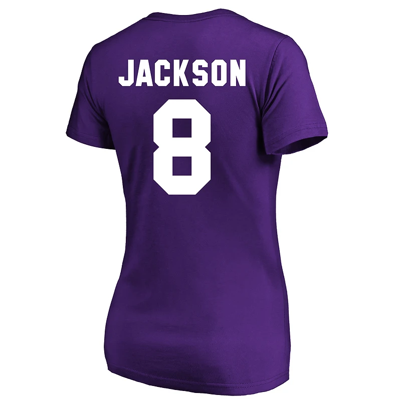 T-shirt à col en V Fanatics Lamar Jackson violet Baltimore Ravens pour femmes, grandes tailles, nom et numéro