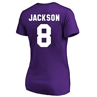 T-shirt à col en V Fanatics Lamar Jackson violet Baltimore Ravens pour femmes, grandes tailles, nom et numéro