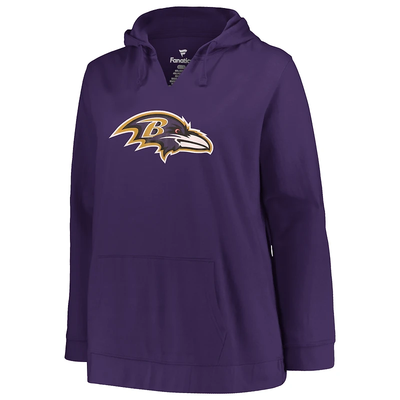 Sweat à capuche Fanatics Lamar Jackson violet Baltimore Ravens pour femme, grande taille, col en V, nom et numéro du joueur