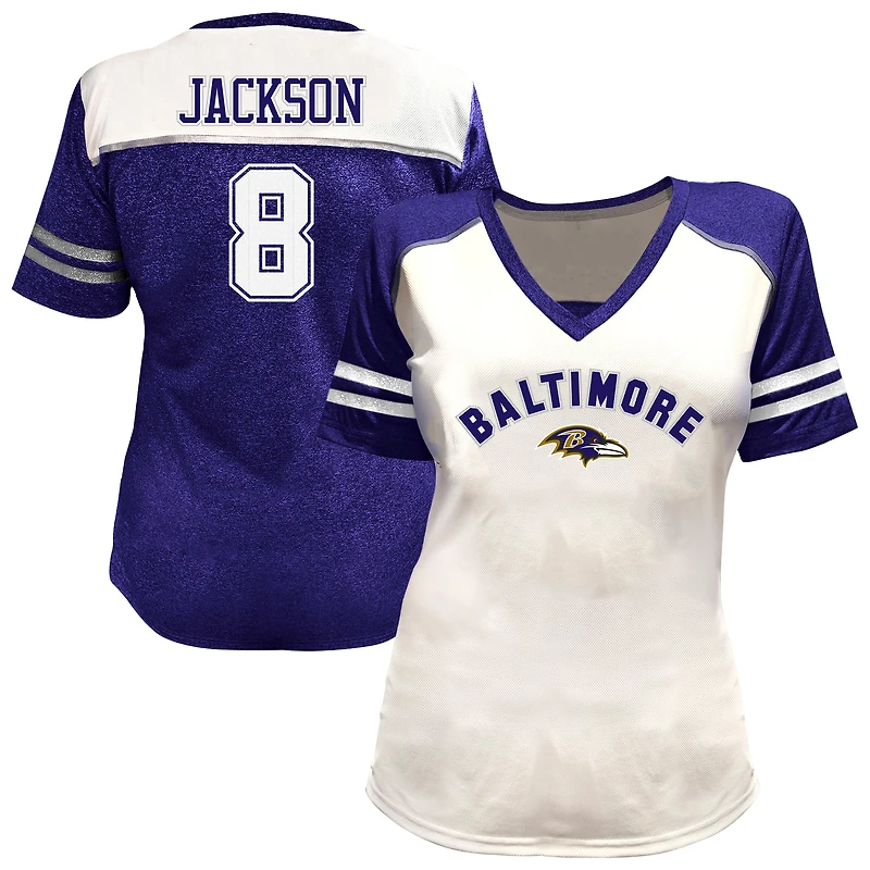 T-shirt à col en V orné de strass, grande taille, Lamar Jackson, blanc, Baltimore Ravens, pour femme (Fanatics)