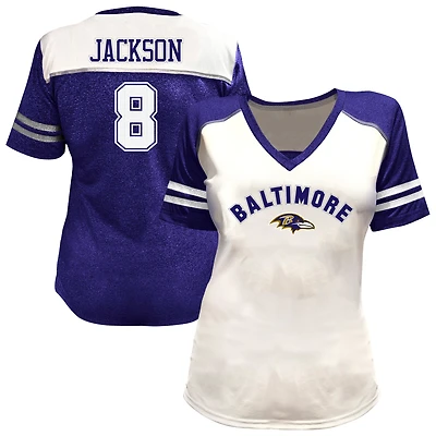 T-shirt à col en V orné de strass, grande taille, Lamar Jackson, blanc, Baltimore Ravens, pour femme (Fanatics)