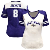 T-shirt à col en V orné de strass, grande taille, Lamar Jackson, blanc, Baltimore Ravens, pour femme (Fanatics)