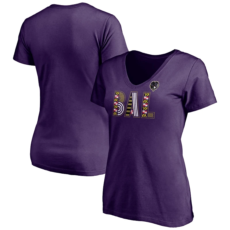 T-shirt violet à col en V Fanatics pour femmes Baltimore Ravens Hometown Collection Wildcat