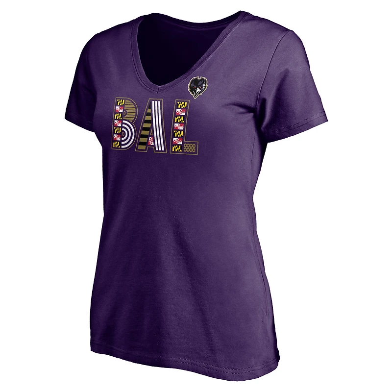 T-shirt violet à col en V Fanatics pour femmes Baltimore Ravens Hometown Collection Wildcat