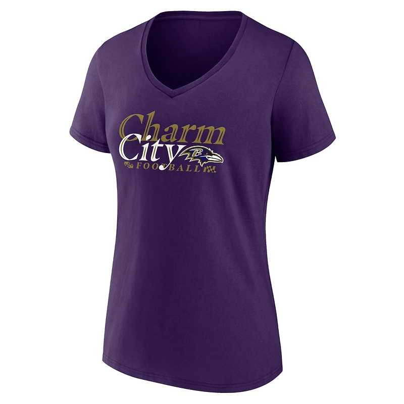 T-shirt violet à col en V Fanatics pour femmes des Ravens de Baltimore, support défensif la ville natale