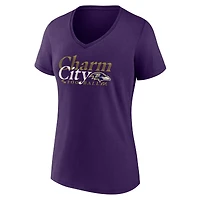 T-shirt violet à col en V Fanatics pour femmes des Ravens de Baltimore, support défensif la ville natale