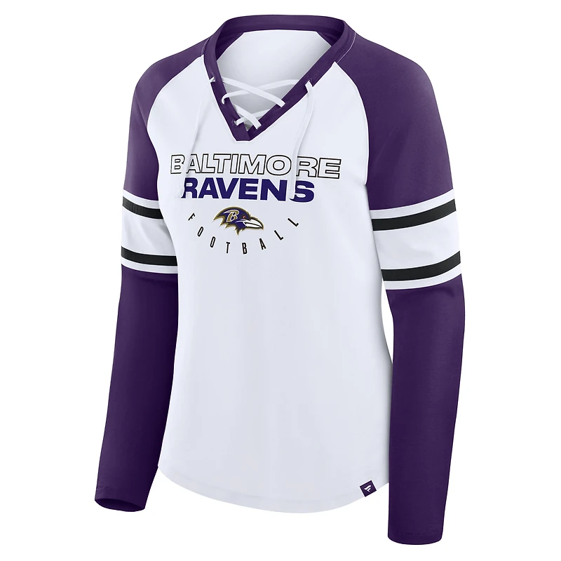 T-shirt à manches longues et col en V lacets pour femme Fanatics, blanc/violet, Baltimore Ravens Redzone Blitz Package