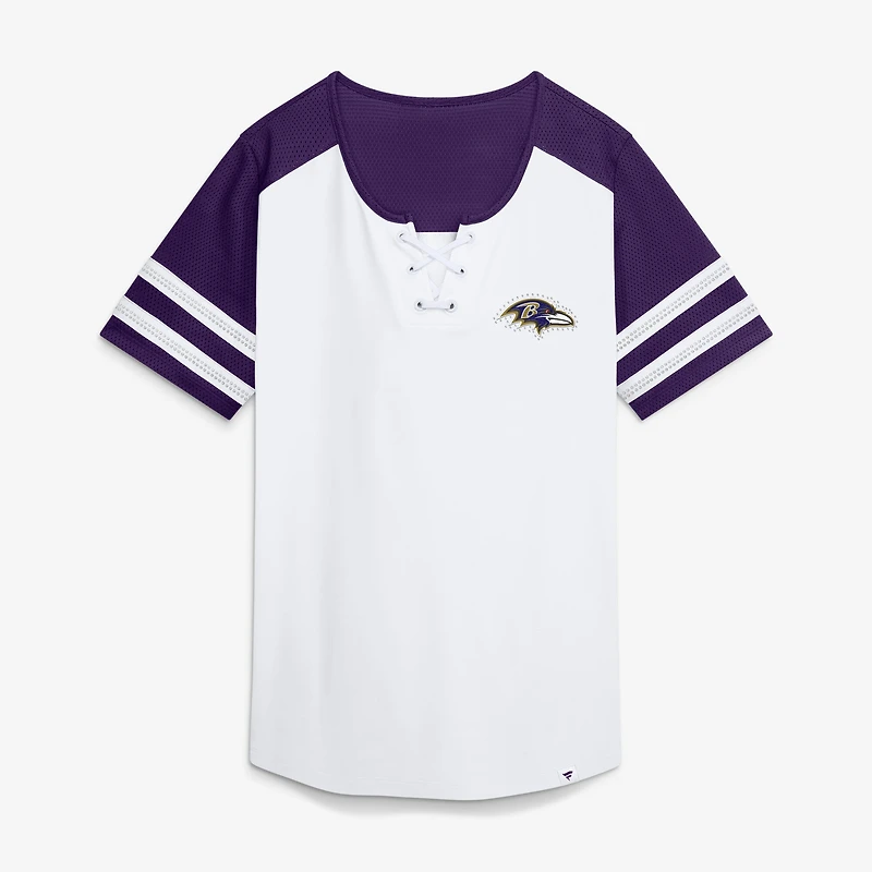 T-shirt à lacets Fanatics blanc/violet Baltimore Ravens Touchdown Pass Athena pour femme
