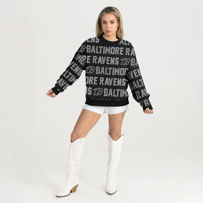Sweat-shirt oversize noir Baltimore Ravens pour femme, collection Gameday Couture, style Hype Era, avec strass et inscription.