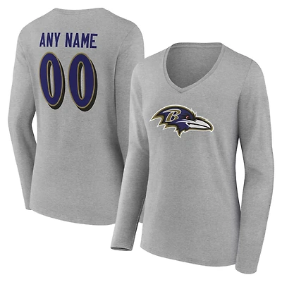 Women's Gray Baltimore Ravens Team Authentic Personalized Name & Number Long Sleeve V-Neck T-Shirt