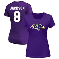 T-shirt à col en V avec nom et numéro de Lamar Jackson pour femmes, violet, Baltimore Ravens, grande taille, Fair Catch