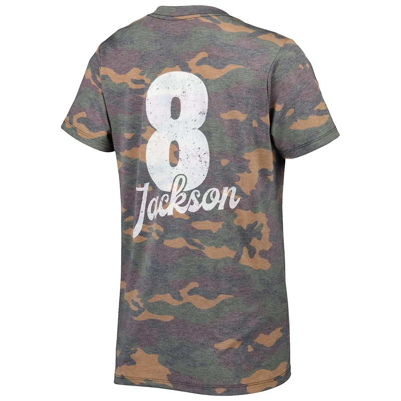 T-shirt tri-mélange à col en V pour femmes Majestic Threads Lamar Jackson Camo Baltimore Ravens Nom et numéro