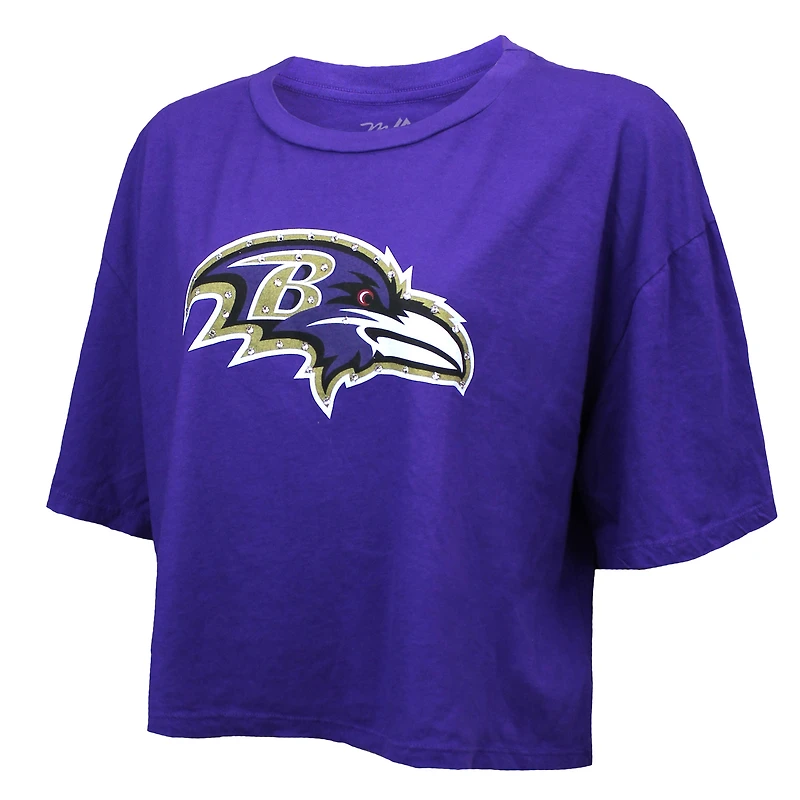 T-shirt court et ample pour femme Majestic Threads Lamar Jackson, violet, avec cristaux Swarovski des Baltimore Ravens, nom numéro