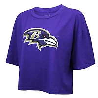 T-shirt court et ample pour femme Majestic Threads Lamar Jackson, violet, avec cristaux Swarovski des Baltimore Ravens, nom numéro