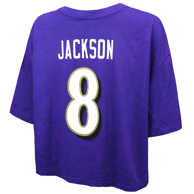T-shirt court et ample pour femme Majestic Threads Lamar Jackson, violet, avec cristaux Swarovski des Baltimore Ravens, nom numéro