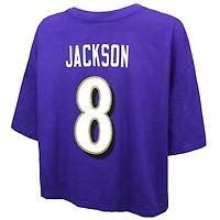 T-shirt court et ample pour femme Majestic Threads Lamar Jackson, violet, avec cristaux Swarovski des Baltimore Ravens, nom numéro