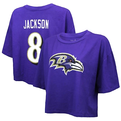 Women's Majestic Threads Lamar Jackson Purple Baltimore Ravens Swarovski Crystals Boxy Cropped Name & Number T-Shirt