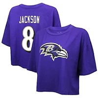 T-shirt court et ample pour femme Majestic Threads Lamar Jackson, violet, avec cristaux Swarovski des Baltimore Ravens, nom numéro
