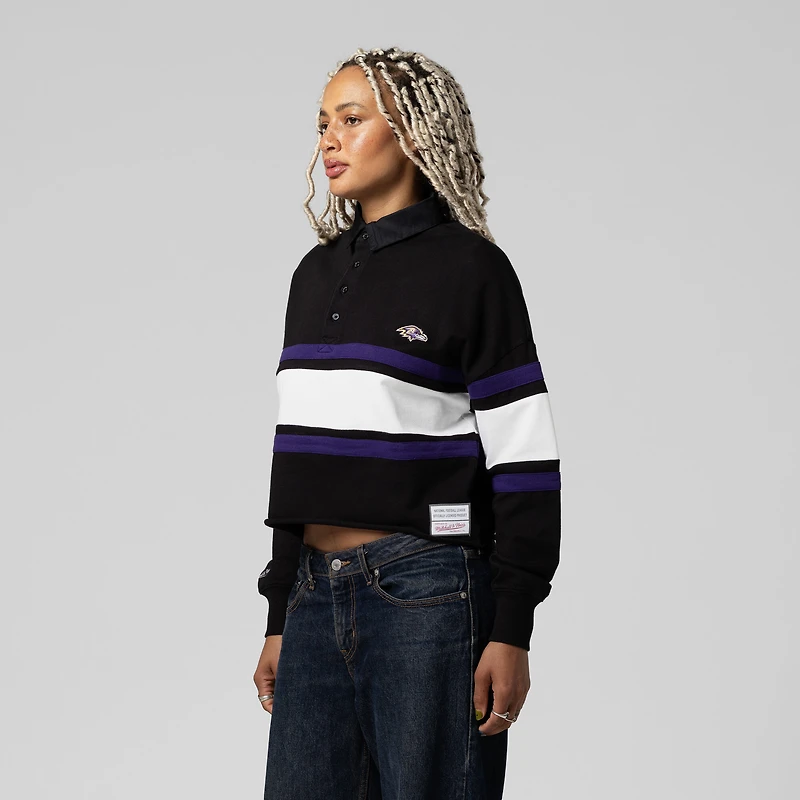 Women's Mitchell & Ness  Black Baltimore Ravens Cropped Long Sleeve Rugby Polo