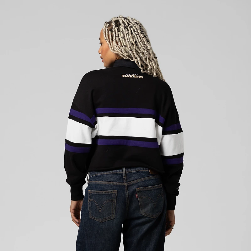 Women's Mitchell & Ness  Black Baltimore Ravens Cropped Long Sleeve Rugby Polo