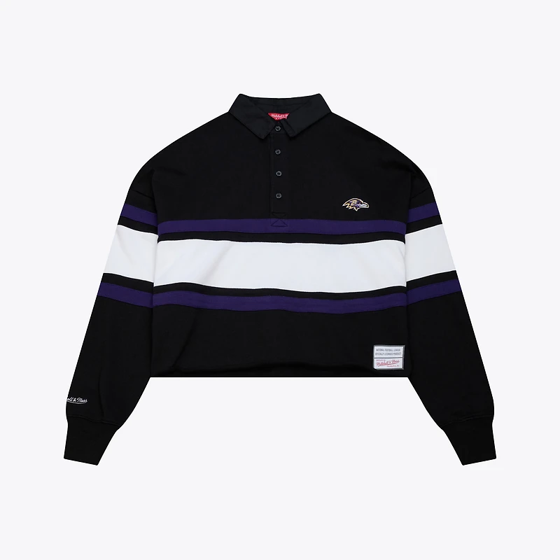 Women's Mitchell & Ness  Black Baltimore Ravens Cropped Long Sleeve Rugby Polo