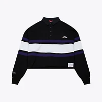 Women's Mitchell & Ness  Black Baltimore Ravens Cropped Long Sleeve Rugby Polo