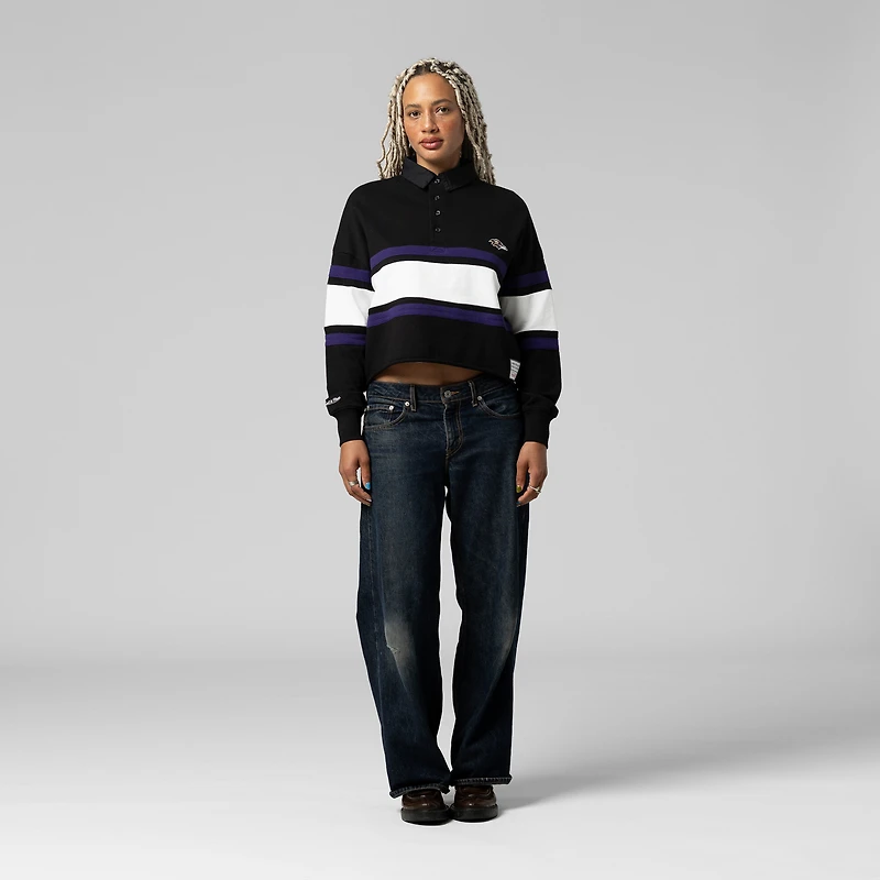 Women's Mitchell & Ness Black Baltimore Ravens Cropped Long Sleeve Rugby Polo