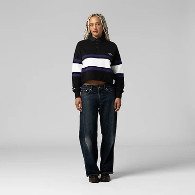 Women's Mitchell & Ness Black Baltimore Ravens Cropped Long Sleeve Rugby Polo