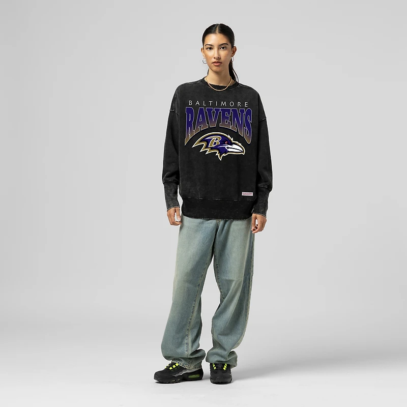 Women's Mitchell & Ness  Black Baltimore Ravens Delineate Mineral Wash Crewneck Sweatshirt