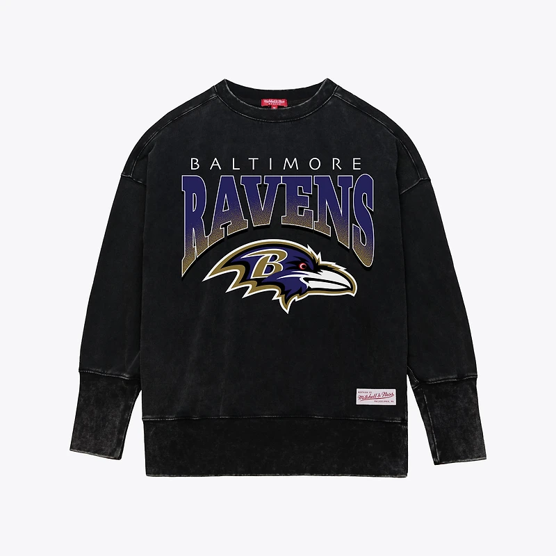 Women's Mitchell & Ness  Black Baltimore Ravens Delineate Mineral Wash Crewneck Sweatshirt