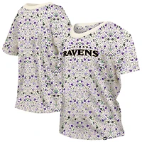 T-shirt à col rond floral Glam Game de Baltimore Ravens New Era pour femme, couleur crème