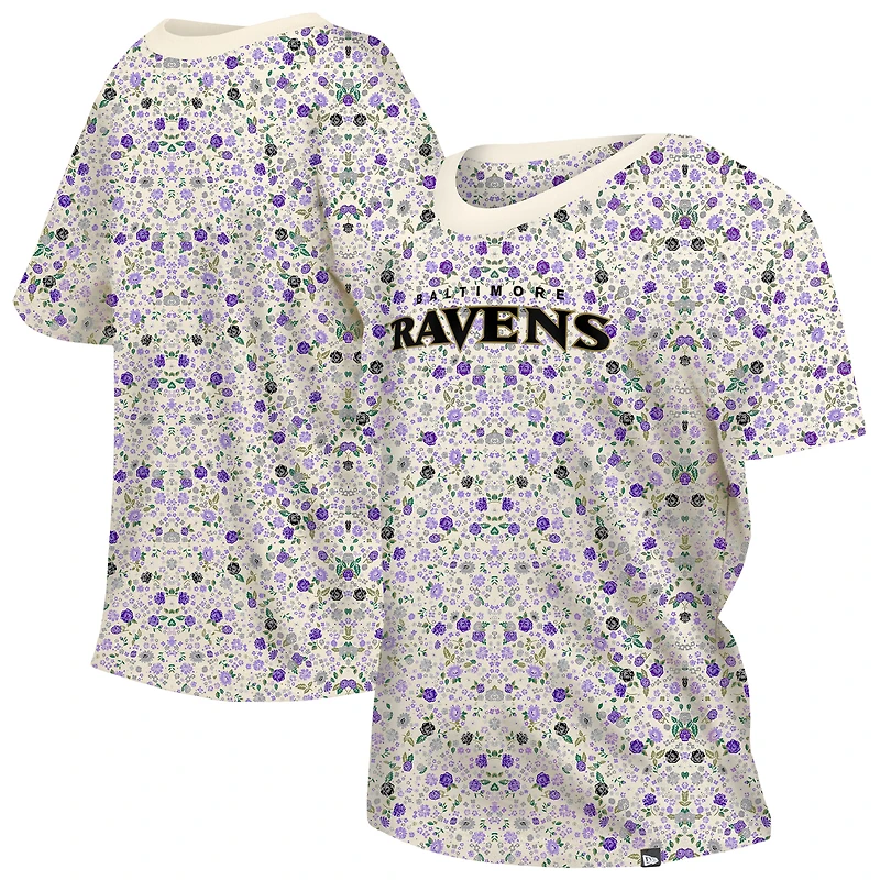T-shirt à col rond floral Glam Game de Baltimore Ravens New Era pour femme, couleur crème