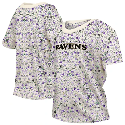 T-shirt à col rond floral Glam Game de Baltimore Ravens New Era pour femme, couleur crème