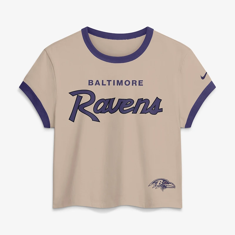 Women's Nike Cream Baltimore Ravens Rewind Ringer Mod Cropped T-Shirt