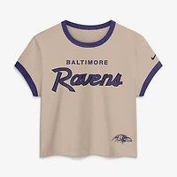 Women's Nike Cream Baltimore Ravens Rewind Ringer Mod Cropped T-Shirt