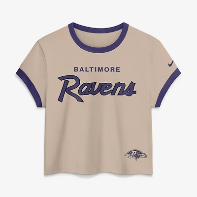 Women's Nike Cream Baltimore Ravens Rewind Ringer Mod Cropped T-Shirt